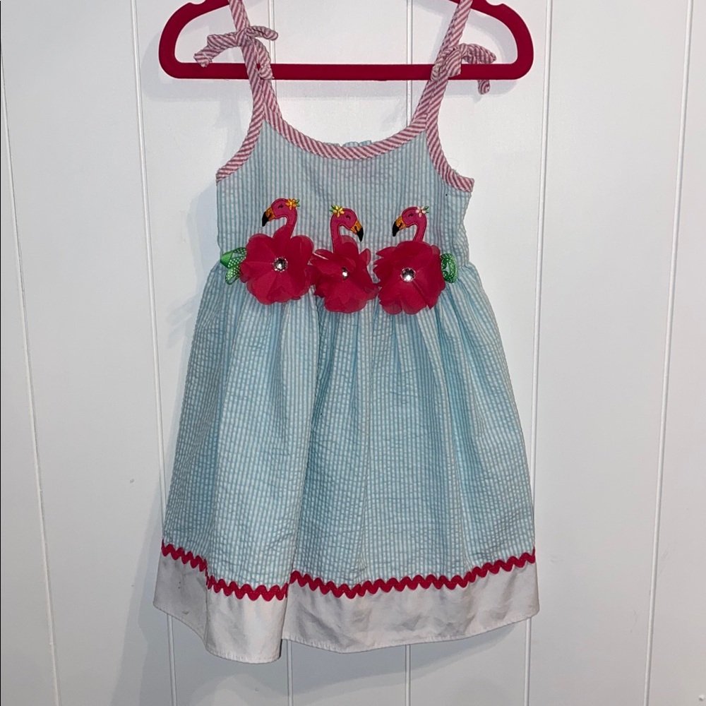 Girls Size 3T Good Lad Flamingo  Summer Dress Blue White Pink